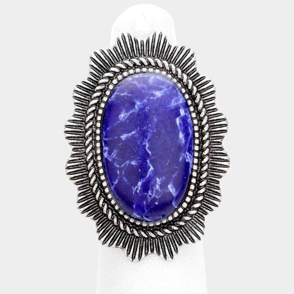 Natural Stone Blue Tribal Metal Stretch Ring - Picture 1 of 7